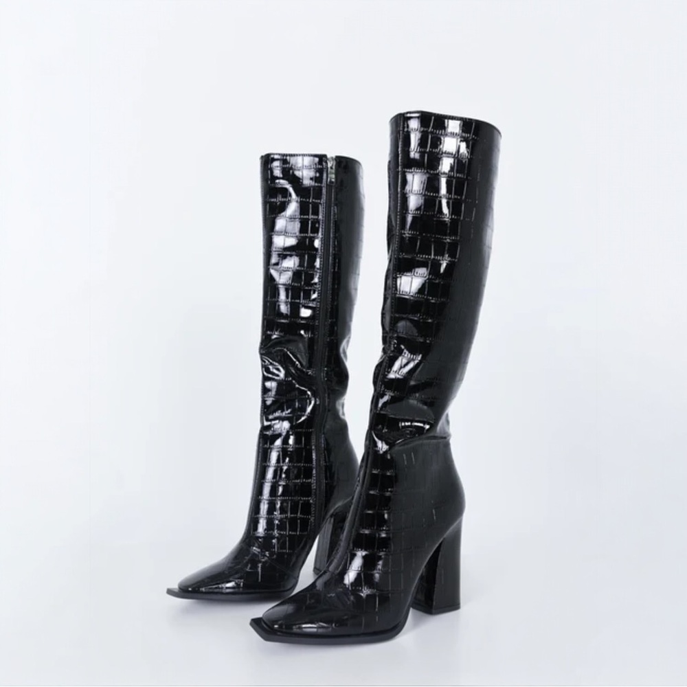 Princess Polly Mercury Knee High Boots Croc Print Black